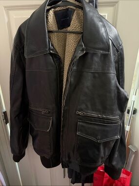 Tommy Hilfiger Black Leather Bomber Jacket with Cream Sherpa Lining